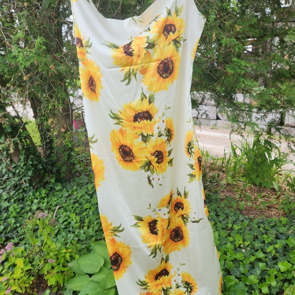 Floral Sunflower Dress Spaghetti Strap Satin Dress - 90s Inspired - Picture 3 of 4